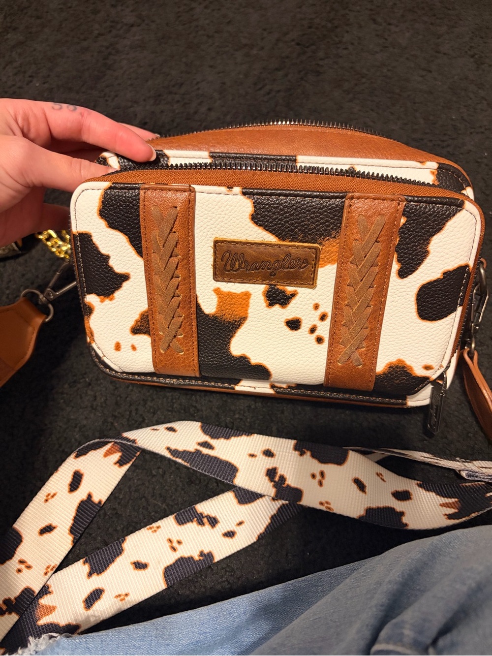 Wrangler Cowhide Print Crossbody Bag in White, Brown & Black